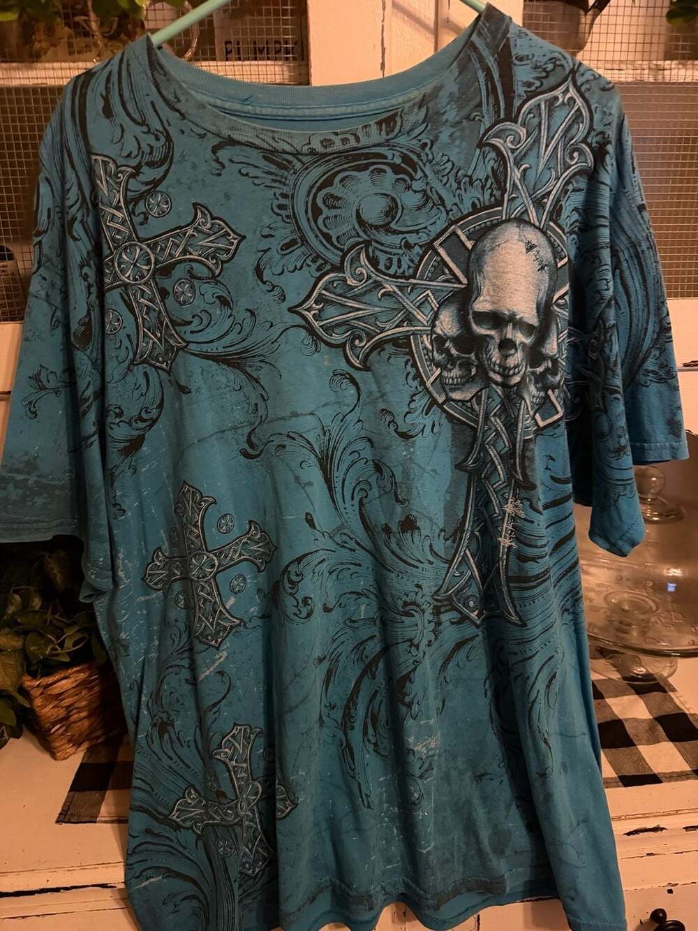 MMA Elite Skull Cross Graphic T-Shirt Size XL Blue Y2K Grunge